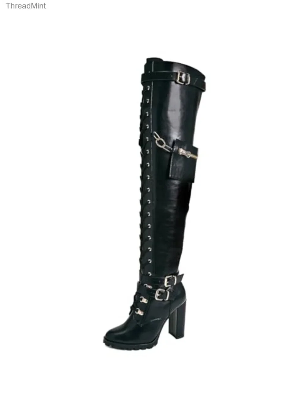 Over the Knee Combat Boots with Block Heel & Lace Up